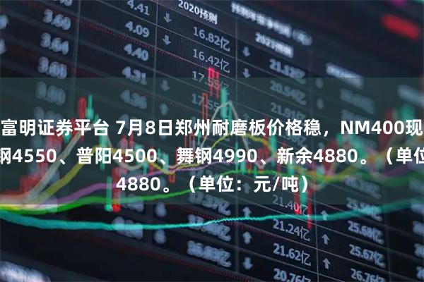 富明证券平台 7月8日郑州耐磨板价格稳，NM400现货主流涟钢4550、普阳4500、舞钢4990、新余4880。（单位：元/吨）